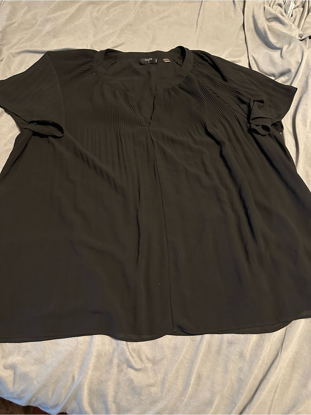 Tahari Black Pleated Short-Sleeve Blouse